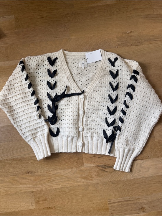 Lena Sweaters - Cream Knit Button-Front Cardigan with Black Ribbon Detail